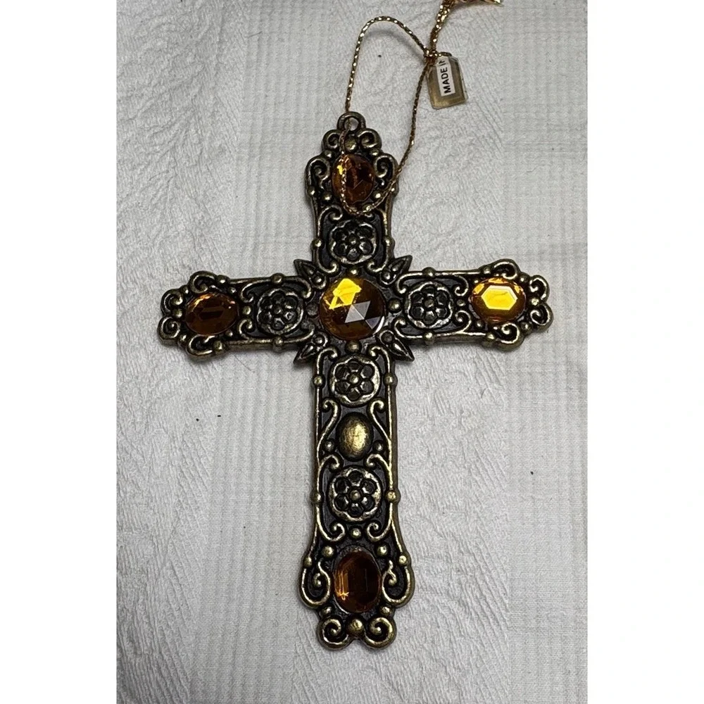 Vintage Cross Ornament Amber Glass Stones Brass Tone Made‎ in Taiwan
